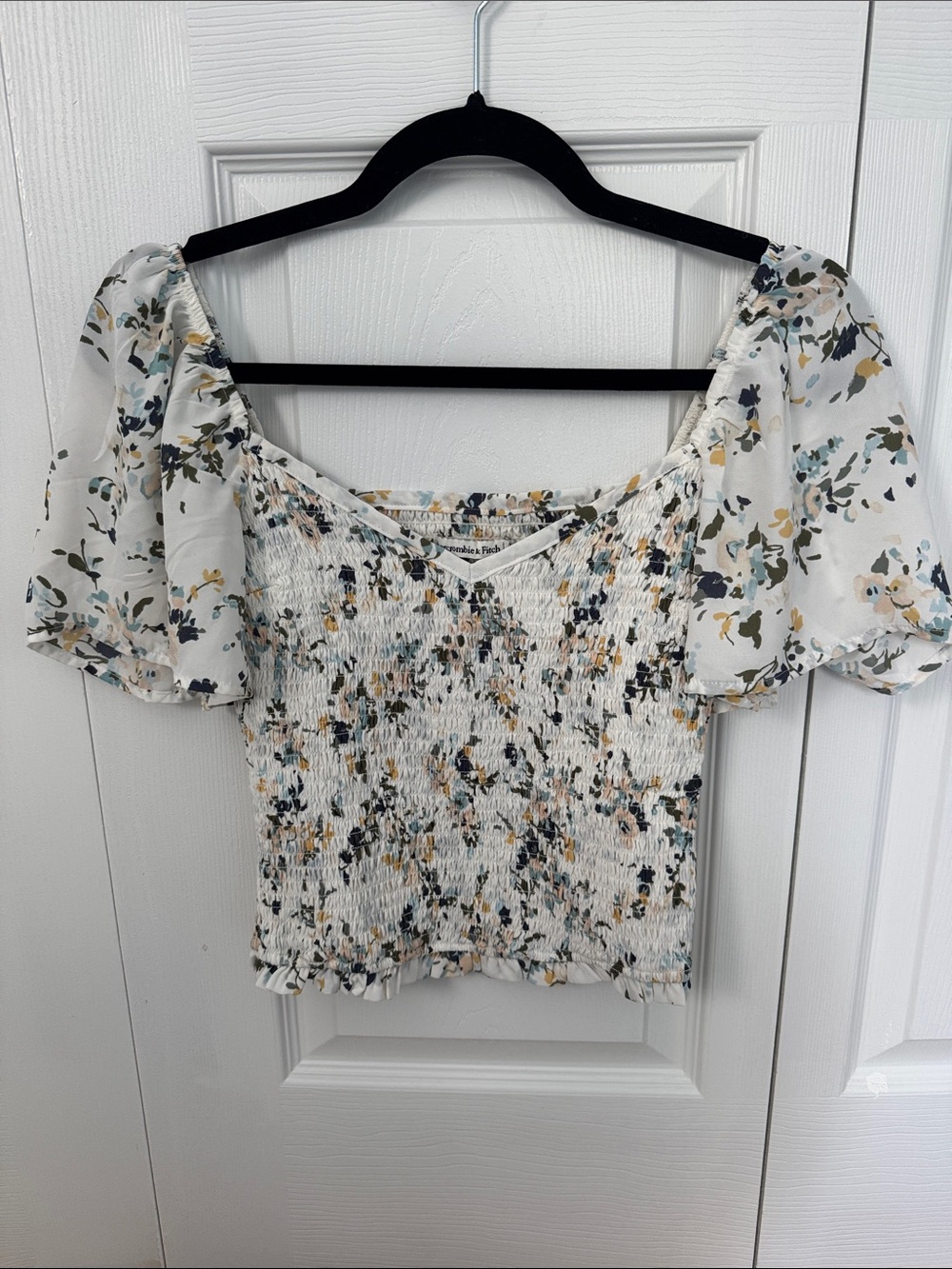 Abercrombie and Fitch Floral Smocked Puff Sleeve Top - White Multi